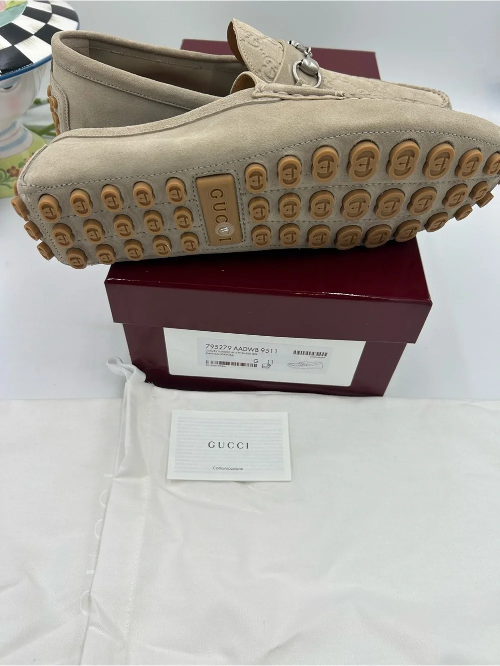 Men's Gucci GG embossed oatmeal suede driver loafers size 11 fits 12 US